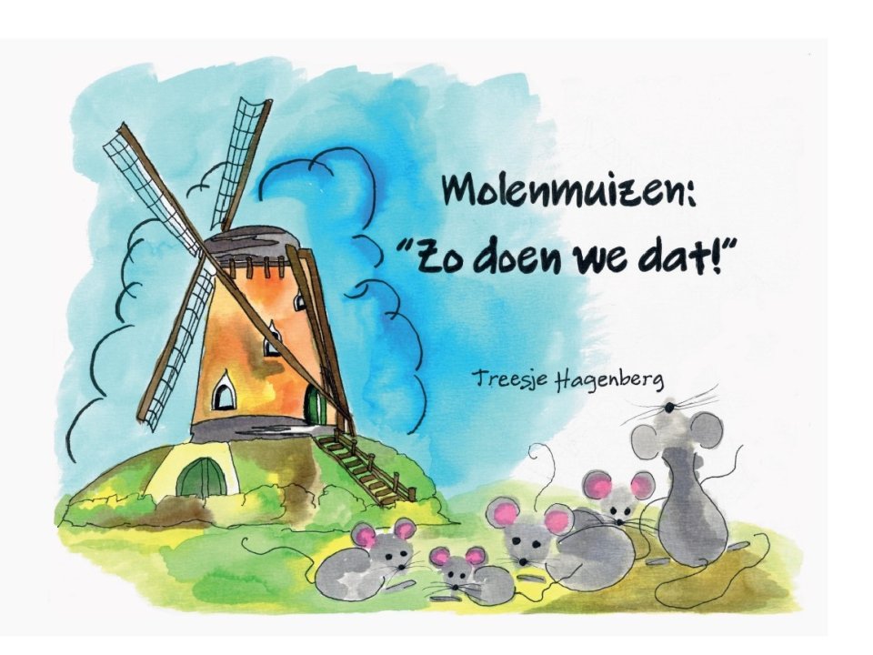 Kaft van boek Molenmuizen, met een aquarel achtige tekening van een molen en drie muizen op de voorkant