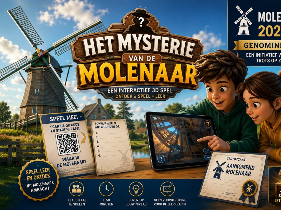 Animatie van een stel kinderen dat de molen ontdekt achtergrond is de molen. Titel zegt het mysterie van de molenaar