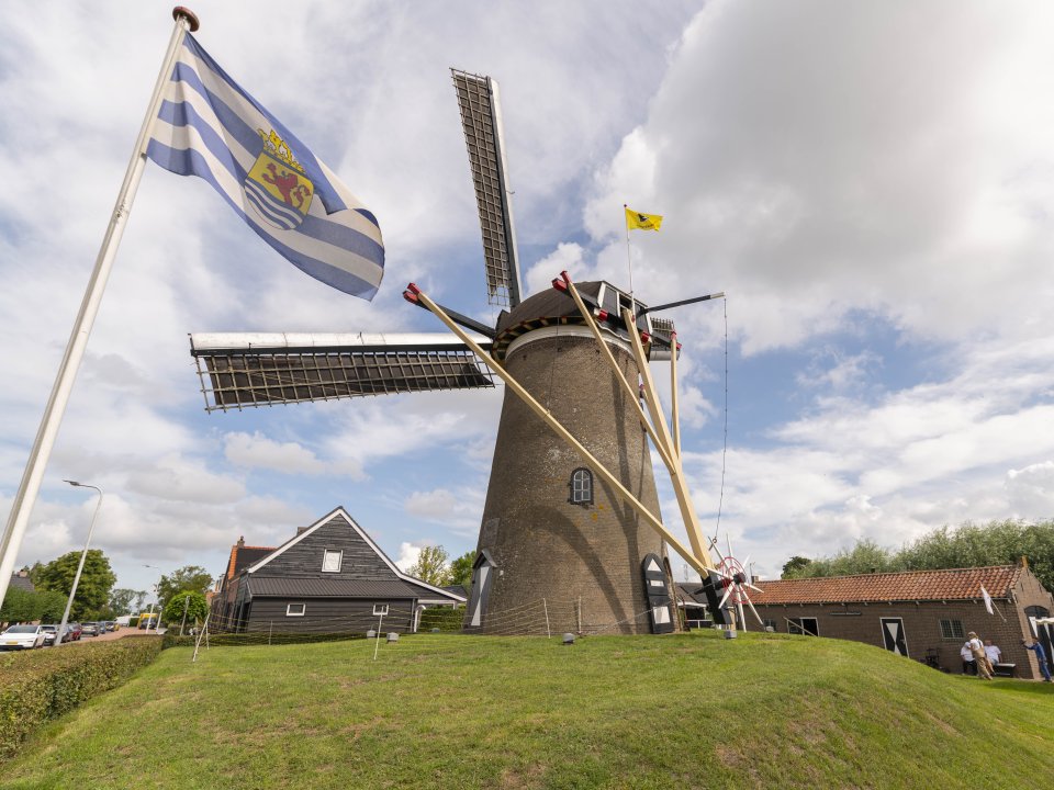 Buitenaanzicht van de Oosterlandse Molen in Schouwen-Duiveland. Zijaanzicht van de molen, deze staat op een zogenoemde belt (heuveltje.) Linksvoor is de Zeeuwse vlag te zien. Rechtsachter is een stenen schuur te zien die men wil opknappen.